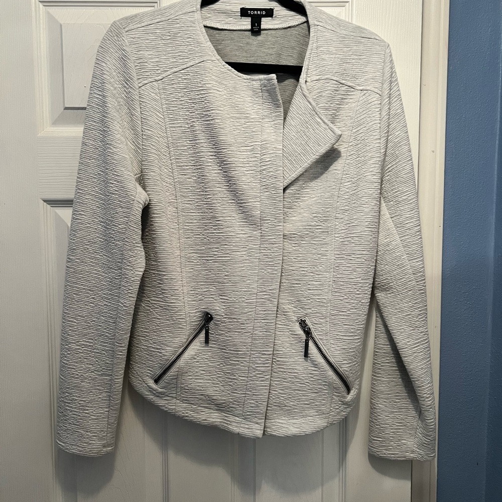 Torrid Light Heather Gray Blazer with Moto Design and Asymmetrical Zipper